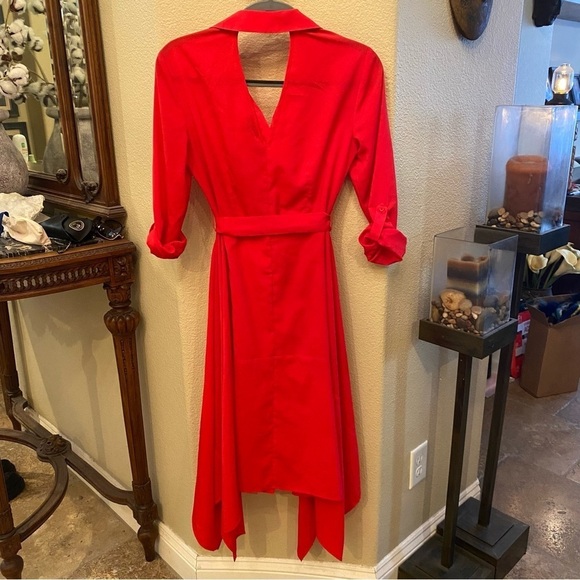 TOPSHOP Women Red Button Asymmetrical Tie Waist Dress Size 2 - Picture 4 of 8